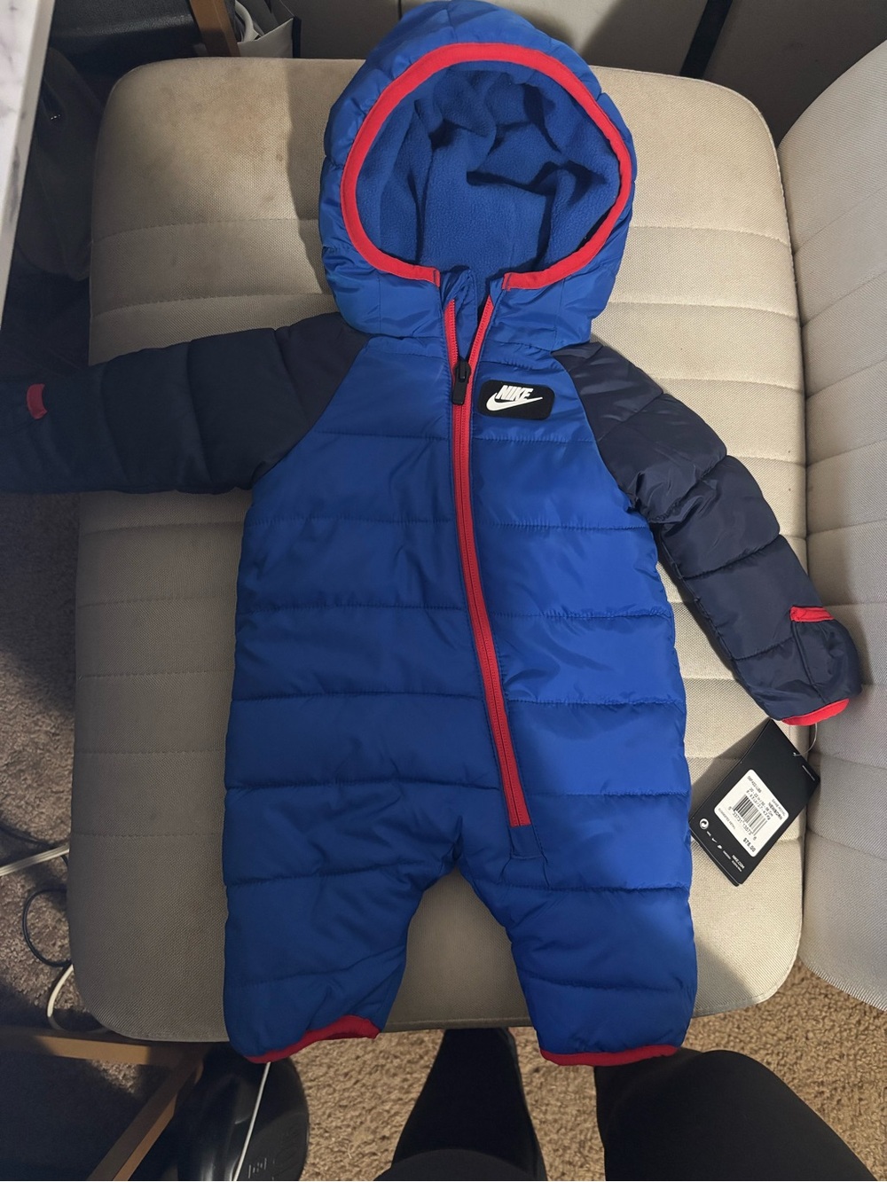 Nike Blue & Navy Puffer Infant Snowsuit with Red Trim